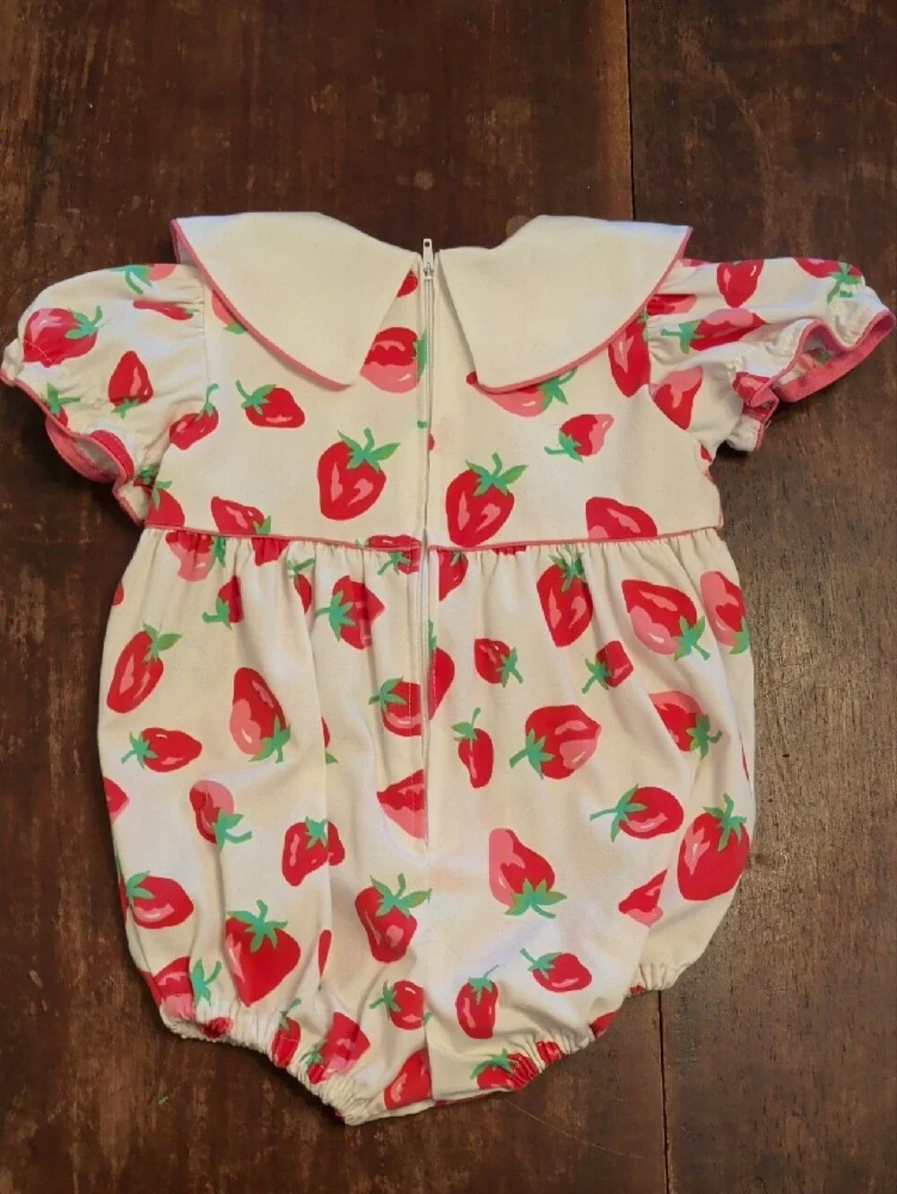 Vintage White Baby Bubble Romper with Red Strawberry Print and Pink Bow